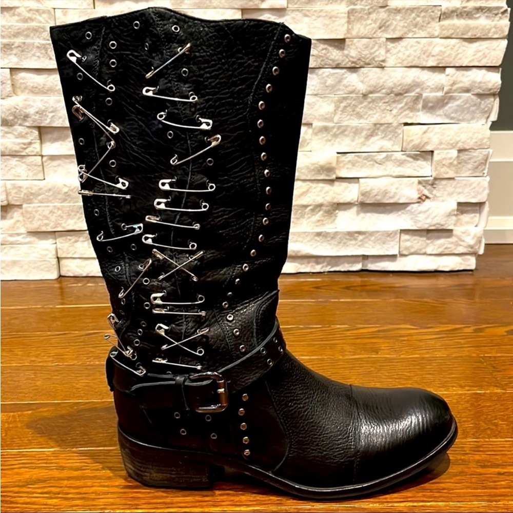 Black Leather Safety Pinned Boots